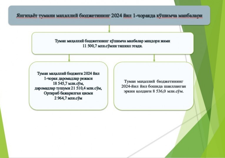 Yangihayot tumani mahalliy byudjetining 2024-yil 1-chorakda qoʻshimcha manbalari